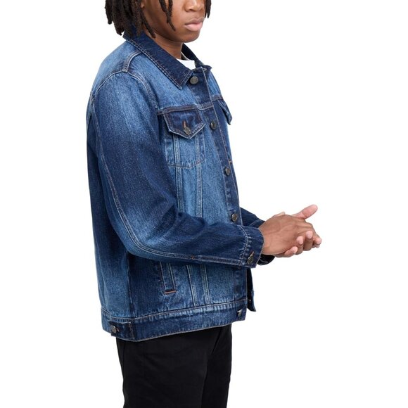 Mens Blue Denim Jacket Washed Ripped Distressed Stretch Casual Trucker - Picture 3 of 9